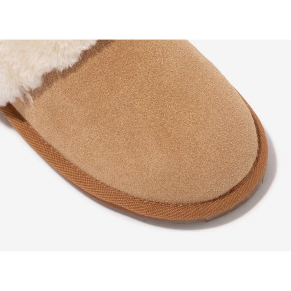Minnetonka Carefree Scuff Tan Suede Faux Fur Trim Mules size 7 NEW Womens - Picture 10 of 11